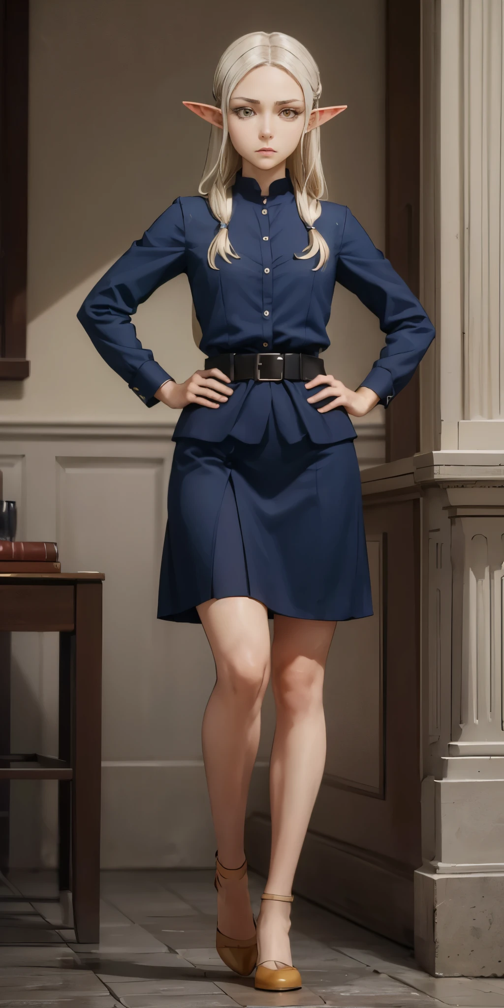 masterpiece, best quality, high quality, Erwin, elf, long hair, white hair, yellow eyes (1solofemale full body standing straight symmetrical, hands on hips)