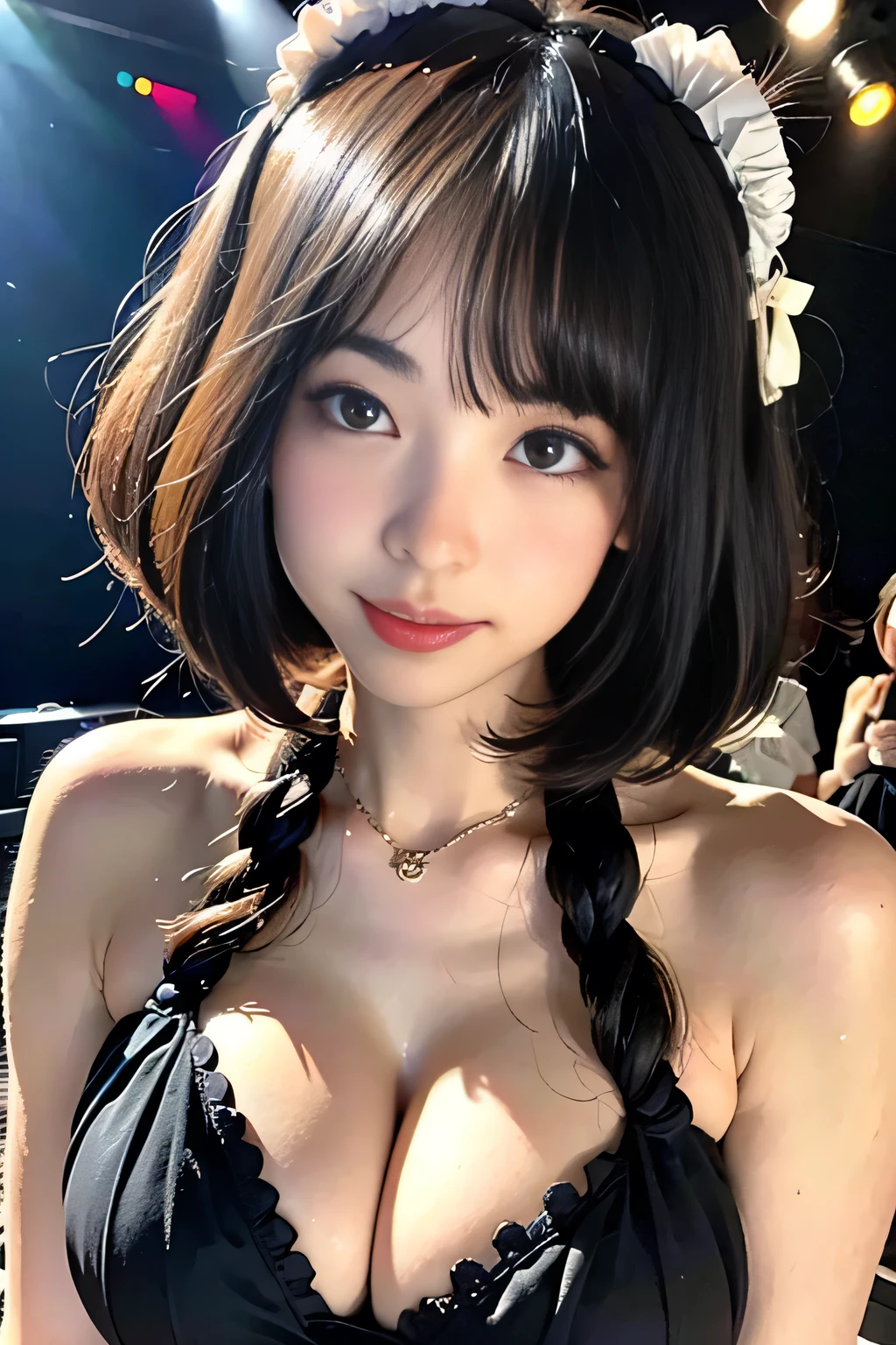 (masterpiece,best quality:1.4),(absurdres:1.3),((8k)),((super resolution:1.4)),(raw photo,photo realistic:1.2),(shiny skin),extremely detailed skin,detailed face,detailed eyes,sparkling eyes,Detailed hand,Detailed Hair,Detailed Background,(TEMU, popular idol costumes, stage costumes,checkered pattern, Lolita fashion),(detail idol costumes, Lolita fashion, Rakuten market, TEMU,online shopping,),((Detailed cleavage,holding microphone,Tokyo Dome, Yokohama ArenaConcert,stage)),Junior Idol,1girl,,upper body,Japanese idol,extremely beautiful face,brown hair,Hair ornament, fair-skinned ,random hairstyle, pretty girl singing,,nsfw,,crouch,Front view from below:1.3,nogisaka costumes,lace Panties 