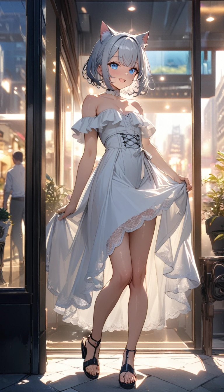 1girl、(((best quality)), ((masterpiece)), (details), masterpiece, best quality, high quality, ulutra detailed, perfect face, ((1girl, Blue eyes, cat ears: 1.3 silver bob hair: 2.5,))、Shiny Hair、Glowing Skin、Happy face、Lustful look、White off-shoulder、valley、(Elegant white lace corset:1.4)、Lace skirt、Sandals、Window Shopping、Stylish cityscape、morning、