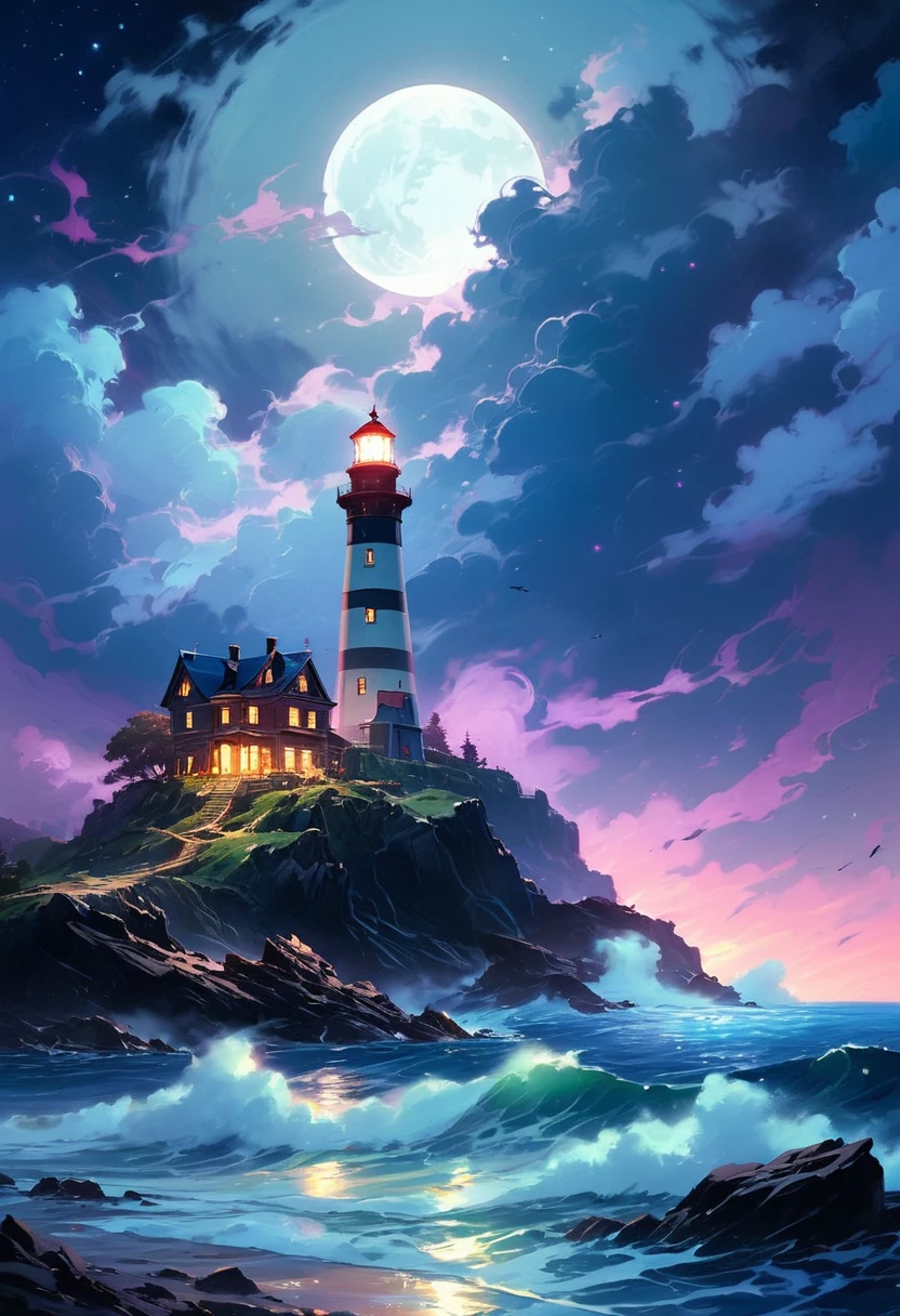 Under the eerie glow of a full moon, a dark and ominous landscape unfolds. A vibrant, colorful ship stands by the edge of a serene ocean, its vivid hues contrasting starkly with the foreboding atmosphere. In the background, a lighthouse stands atop jagged rocks, its light cutting through the darkness and reflecting off the ocean's surface, glistening in the moonlight. Thick, swirling clouds loom overhead, adding to the sense of an evil presence. The moonlight filters through the clouds, casting an otherworldly glow over the scene. A falling star streaks across the sky, adding a touch of mysticism to the night. The air is thick with a sense of ancient secrets and dark magic, as if the very night is alive with hidden power. [romantic impressionism,dream scenery art,beautiful oil matte painting,romantic,style of thomas kinkade,beautiful digital painting,anime landscape,romantic painting,dreamlike digital painting,colorful painting,beautiful gorgeous digital art,style of greg rutkowski,janek sedlar,jenny saville:0] 