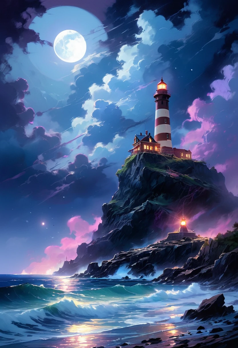 Under the eerie glow of a full moon, a dark and ominous landscape unfolds. A vibrant, colorful ship stands by the edge of a serene ocean, its vivid hues contrasting starkly with the foreboding atmosphere. In the background, a lighthouse stands atop jagged rocks, its light cutting through the darkness and reflecting off the ocean's surface, glistening in the moonlight. Thick, swirling clouds loom overhead, adding to the sense of an evil presence. The moonlight filters through the clouds, casting an otherworldly glow over the scene. A falling star streaks across the sky, adding a touch of mysticism to the night. The air is thick with a sense of ancient secrets and dark magic, as if the very night is alive with hidden power. [romantic impressionism,dream scenery art,beautiful oil matte painting,romantic,style of thomas kinkade,beautiful digital painting,anime landscape,romantic painting,dreamlike digital painting,colorful painting,beautiful gorgeous digital art,style of greg rutkowski,janek sedlar,jenny saville:0] 