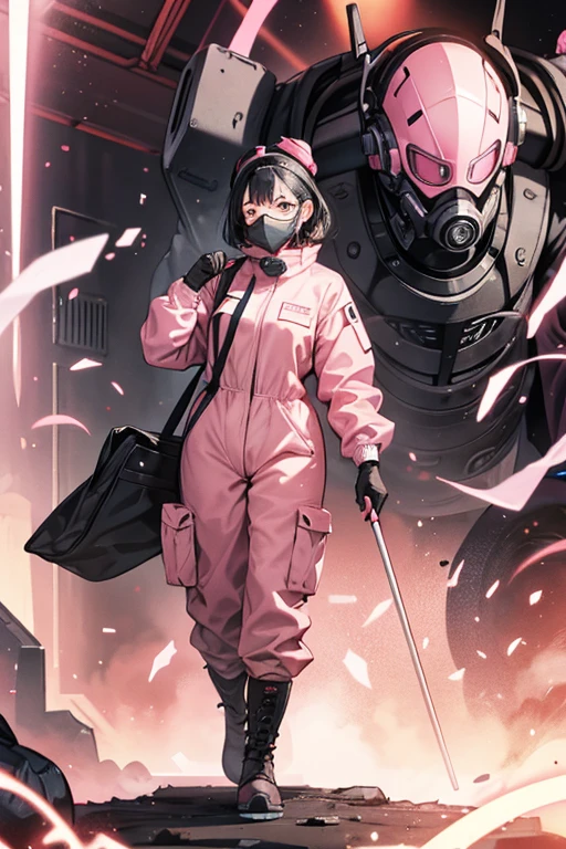 Smiling mature woman with black hair and glasses wearing a pink radiation protection suit at a factory　gloves　gas mask　Full Face Helmets　boots　visor