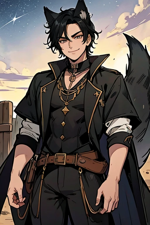 Perfect face. Perfect hands. A black haired male cowboy with golden eyes and black fox ears and a black fox tail in a sheriff's outfit is watching the stars in a wild west town with a big smile