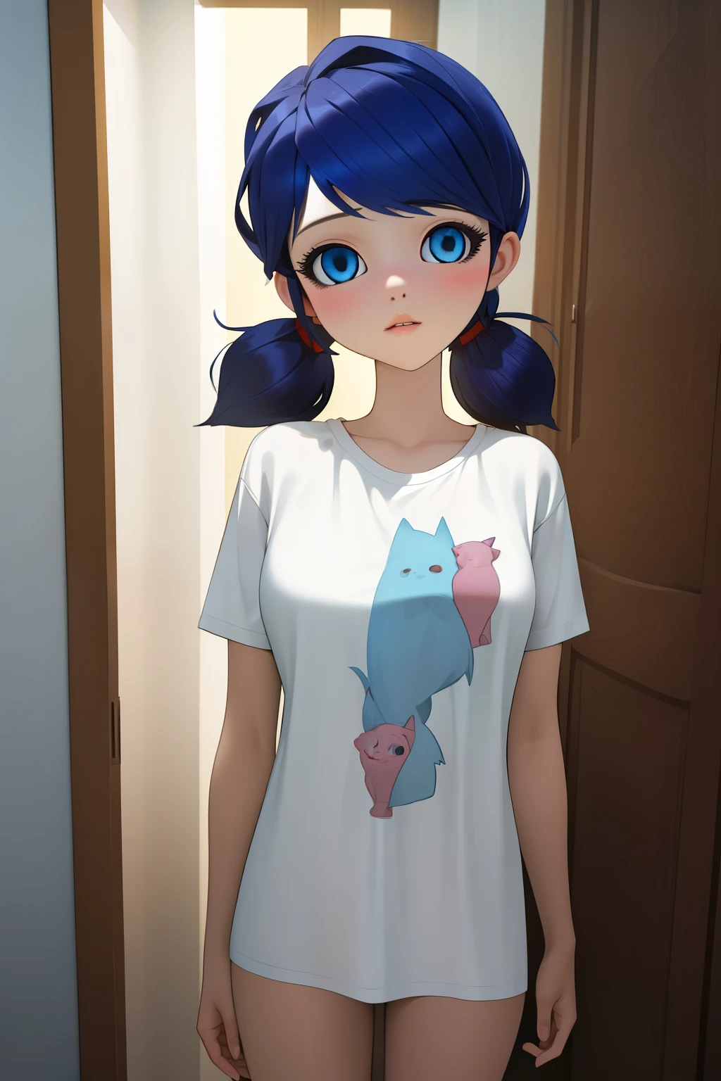 (Masterpiece), Best Quality, ultra-detailed, 1girl( marinette,  naked body, blue hair, short pigtails, blue eyes, empty eye), blank face, parted lips, head tilt, solo,  nude,facing viewer, looking at viewer, white y-shirts, loose y-shirts, big y-shirts,  naked y-shirts, open y-shirts, in the  bedroom, night time, standing, 