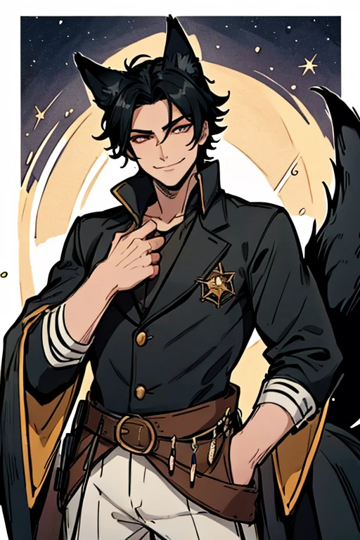 Perfect face. Perfect hands. A black haired male cowboy with golden eyes and black fox ears and a black fox tail in a sheriff's outfit is watching the stars in a wild west town with a big smile