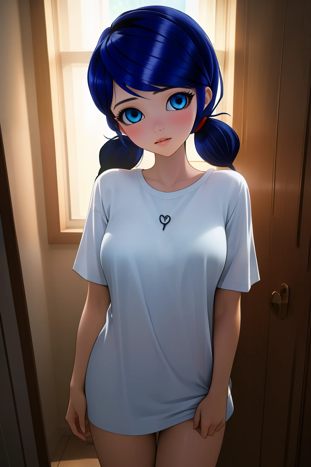 (Masterpiece), Best Quality, ultra-detailed, 1girl( marinette,  naked body, blue hair, short pigtails, blue eyes, empty eye), blank face, parted lips, head tilt, solo,  nude,facing viewer, looking at viewer, white y-shirts, loose y-shirts, big y-shirts,  naked y-shirts, open y-shirts, in the  bedroom, night time, standing, 