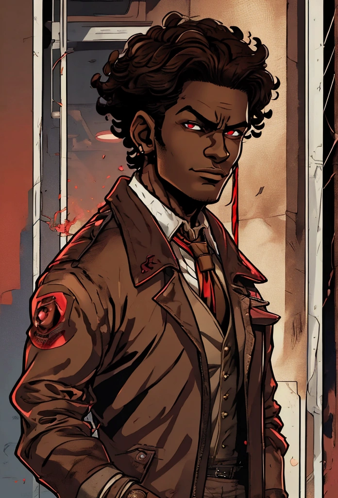anime dark skin gambler with red eyes holding a card in his left hand. He wears phantom theif style clothing such as fancy trenchcoat, beige shirt with black tie underneath an red vest, smug expression, smirking (((brown:1.3, red:1.3,black:1.2, white:1.2))), short curly afro hair, faded haircut