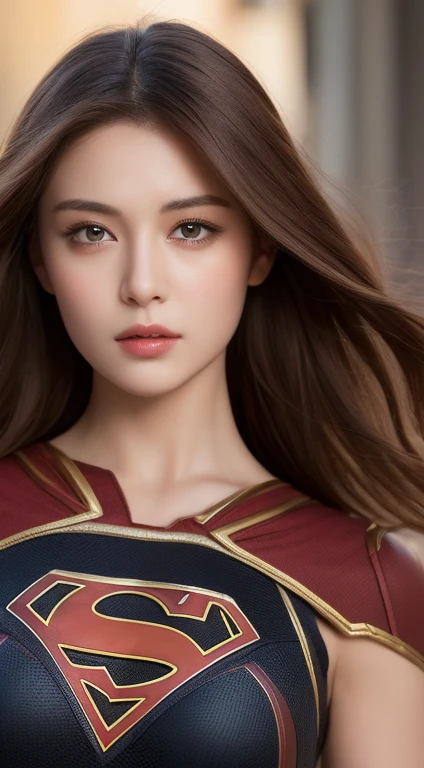 ((Highest quality, 8k, masterpiece :1.3)), Sharp focus :1.2, Beautiful woman with perfect figure :1.4, Slim Abs :1.2, ((Dark brown hair, Big Breasts :1.2)), (Supergirl Costume :1.1), City Street:1.2, Highly detailed face and skin texture, Detailed eyes, double eyelid