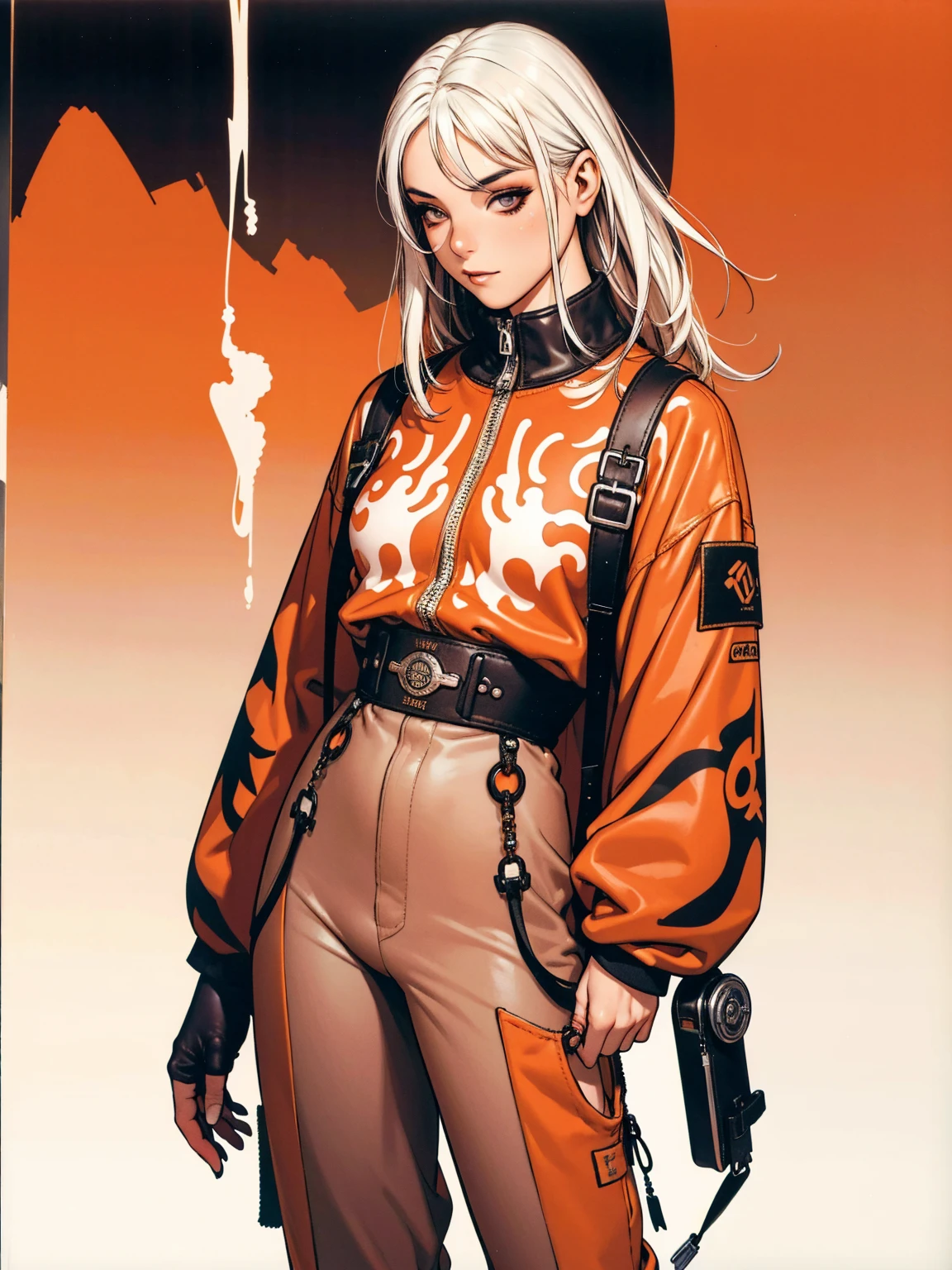 (best qualityer))), (((manga strokes))), (((white hair with red highlights))), (((baggy pants with bone print))), uma Kizi jovem muito bem vestida com roupas modernas de inverno, pants with military camouflage pattern, top gift vertical stripes, short jacket with dark fur collar, beautiful and expressive face, slightly-smile, big eyes with long black eyelashes, heavy make-up, chains and zippers spread across clothes, contrasting colours, pose de atitude, hair with a modern and futuristic cut, urban game poster art, dramatic camera angles, graffiti art elements in the background, design mixing contemporary and retro by Shepard Fairey, (((cowboy shot))), (((best qualityer: 1.4))), (Unbeatable masterpiece), (hiper HD),(CG 8k hyper-realistic), Kizi, (((standing alone))), pirralha violent, (((14歳))), sexly, pose de atitude, work of art, post-apocalypse, (((manga style))), bounty hunter, violent, Manic, the way you want, slenderbody, thin but strong, perfectbody, roupa moderna, advanced technology, neon, sleeves with vertical striped pattern, neutral background, (( cowboy shot )). intricate visual