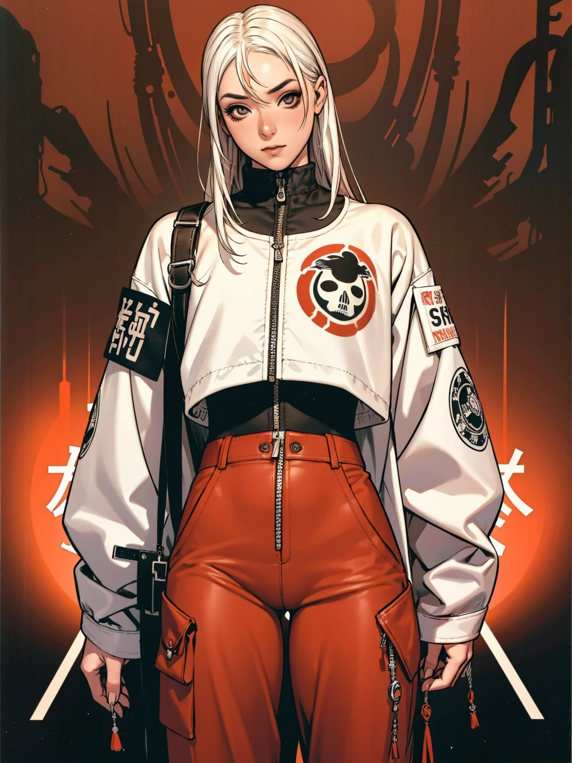 (best qualityer))), (((manga strokes))), (((white hair with red highlights))), (((baggy pants with bone print))), uma Kizi jovem muito bem vestida com roupas modernas de inverno, pants with military camouflage pattern, top gift vertical stripes, short jacket with dark fur collar, beautiful and expressive face, slightly-smile, big eyes with long black eyelashes, heavy make-up, chains and zippers spread across clothes, contrasting colours, pose de atitude, hair with a modern and futuristic cut, urban game poster art, dramatic camera angles, graffiti art elements in the background, design mixing contemporary and retro by Shepard Fairey, (((cowboy shot))), (((best qualityer: 1.4))), (Unbeatable masterpiece), (hiper HD),(CG 8k hyper-realistic), Kizi, (((standing alone))), pirralha violent, ((())), sexly, pose de atitude, work of art, post-apocalypse, (((manga style))), bounty hunter, violent, Manic, the way you want, slenderbody, thin but strong, perfectbody, roupa moderna, advanced technology, neon, sleeves with vertical striped pattern, neutral background, (( cowboy shot )). intricate visual