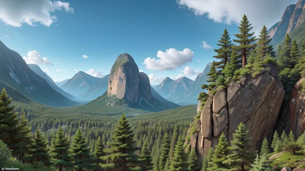 majestic mountain, Rising imposingly against a rainy sky. Add Sparse Greenery Details, like pine trees and bushes, in the lower parts of the mountain. A stream or small waterfall may be visible, descending through the rocks. The light and shadows should highlight the texture of the rock and the grandeur of the peaks. The image must convey the grandeur and serenity of wild nature.