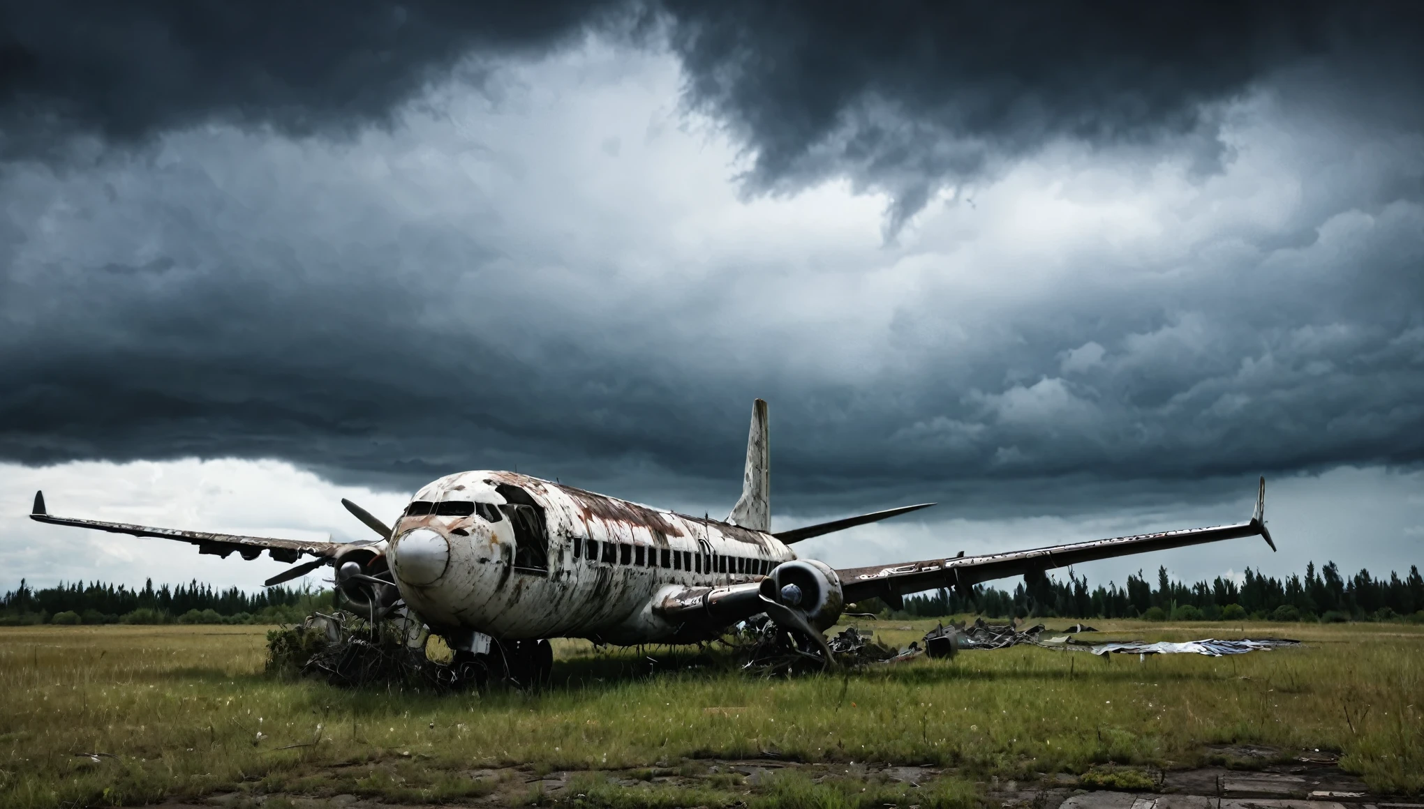 big plane on abandoned ground post apocalyptic dark cloudy sky