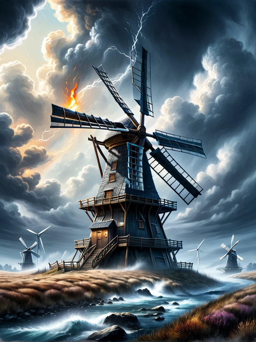 Daily Theme: Wild Windmills, windmills in vibrant and fantastical settings, harnessing the power of wind and also the elements of fire, water, and earth, everything in motion, windmill in the first plane, so big and wild windmill, enhanced by strong contrast, gloomy day, rainny day, mystical light, ultra realistic, fine art, deep madness, surreal, mystical ambient, highly detailed, smooth, visual poetry, space nebula, , Watercolor, trending on artstation, sharp focus, studio photo, intricate details, highly detailed, by greg rutkowski