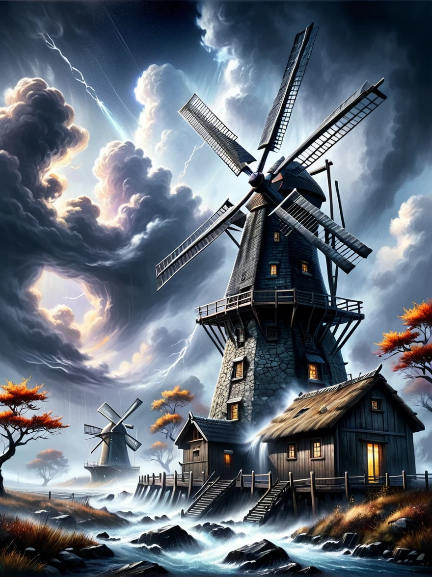 Daily Theme: Wild Windmills, windmills in vibrant and fantastical settings, harnessing the power of wind and also the elements of fire, water, and earth, everything in motion, windmill in the first plane, so big and wild windmill, enhanced by strong contrast, gloomy day, rainny day, mystical light, ultra realistic, fine art, deep madness, surreal, mystical ambient, highly detailed, smooth, visual poetry, space nebula, , Watercolor, trending on artstation, sharp focus, studio photo, intricate details, highly detailed, by greg rutkowski