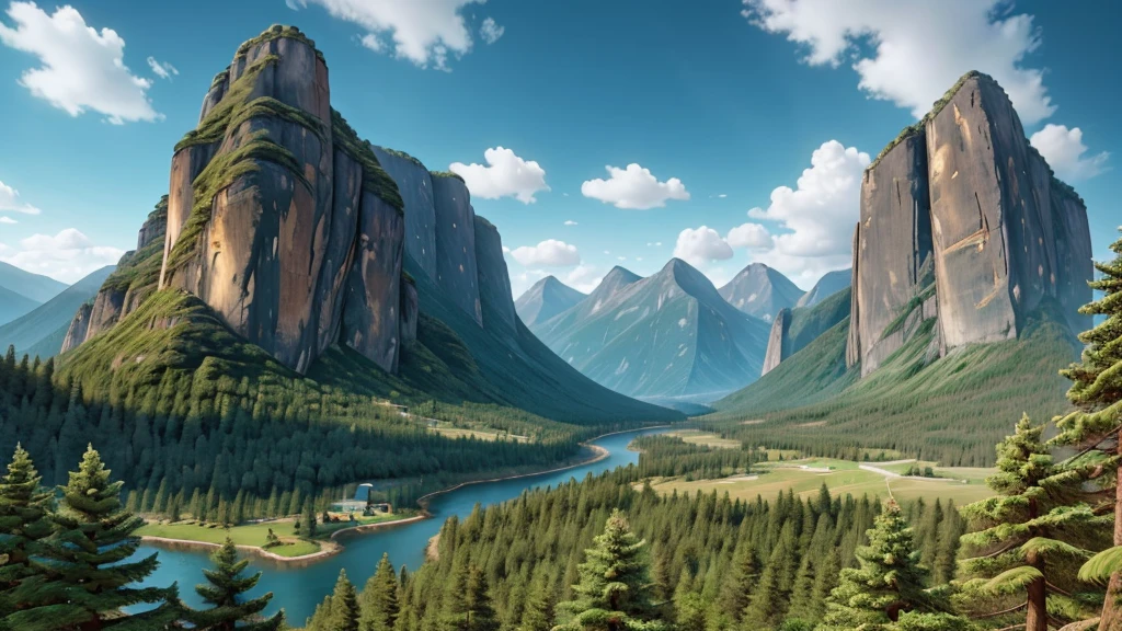 majestic mountain, Rising imposingly against a rainy sky. Add Sparse Greenery Details, like pine trees and bushes, in the lower parts of the mountain. A stream or small waterfall may be visible, descending through the rocks. The light and shadows should highlight the texture of the rock and the grandeur of the peaks. The image must convey the grandeur and serenity of wild nature.