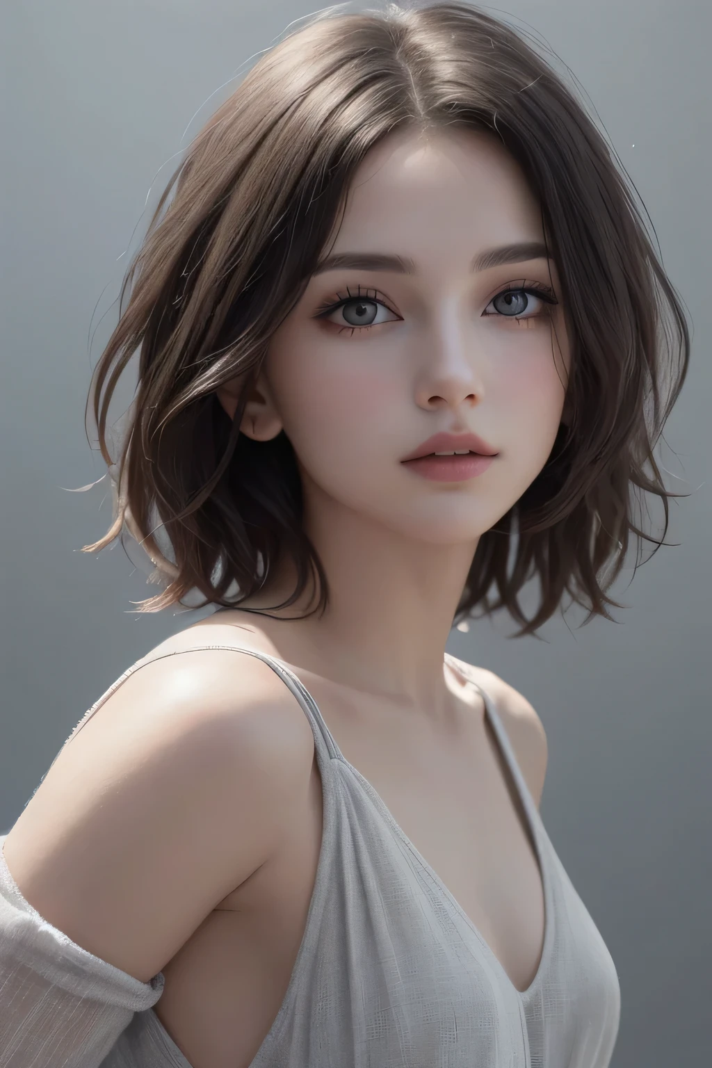8k Ultra HD、RAWphotograph、Model photo shoot、 European Fashion、(masterpiece、Highest quality、Realistic、High resolution、photograph:1.3)、close、I focus、Hot Model、slim、30 year old mature woman、Small face、No makeup、short hair、Beautiful dark brown hayne eyes、Genuine Skin、(Perfect body)、Sexy hot face、erotic、Sexual perspective、slim、dress、Long sleeve、Beautiful eyes in every detail、Glossy Lips、Small breasts、Small breasts、((Bright light、Dynamic Lighting、Genuine、Super Genuine、 Realism、Genuine details、Cool Beauty、Cool pose、Background gray、Plain gray background