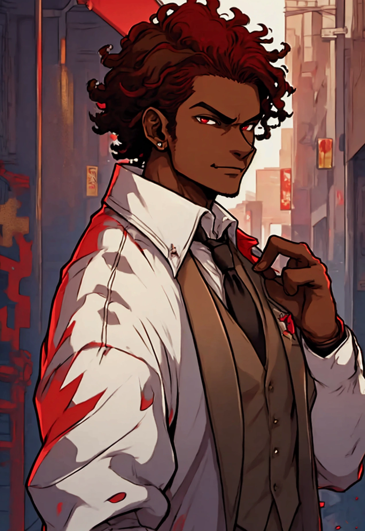 anime dark skin gambler with red eyes holding a card in his left hand. He wears phantom theif style clothing such as fancy trenchcoat, beige shirt with black tie underneath an red vest, smug expression, smirking (((brown:1.3, red:1.3,black:1.2, white:1.2))), short curly afro hair, faded haircut
