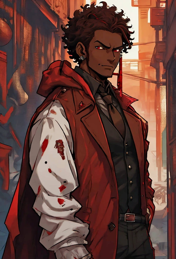 anime dark skin gambler with red eyes holding a card in his left hand. He wears phantom theif style clothing such as fancy trenchcoat, beige shirt with black tie underneath an red vest, smug expression, smirking (((brown:1.3, red:1.3,black:1.2, white:1.2))), short curly afro hair, faded haircut