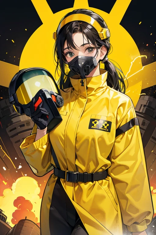 Smiling dark-haired mature woman wearing a yellow radiation protection suit at a nuclear power plant gloves gas mask Full Face Helmets boots visor