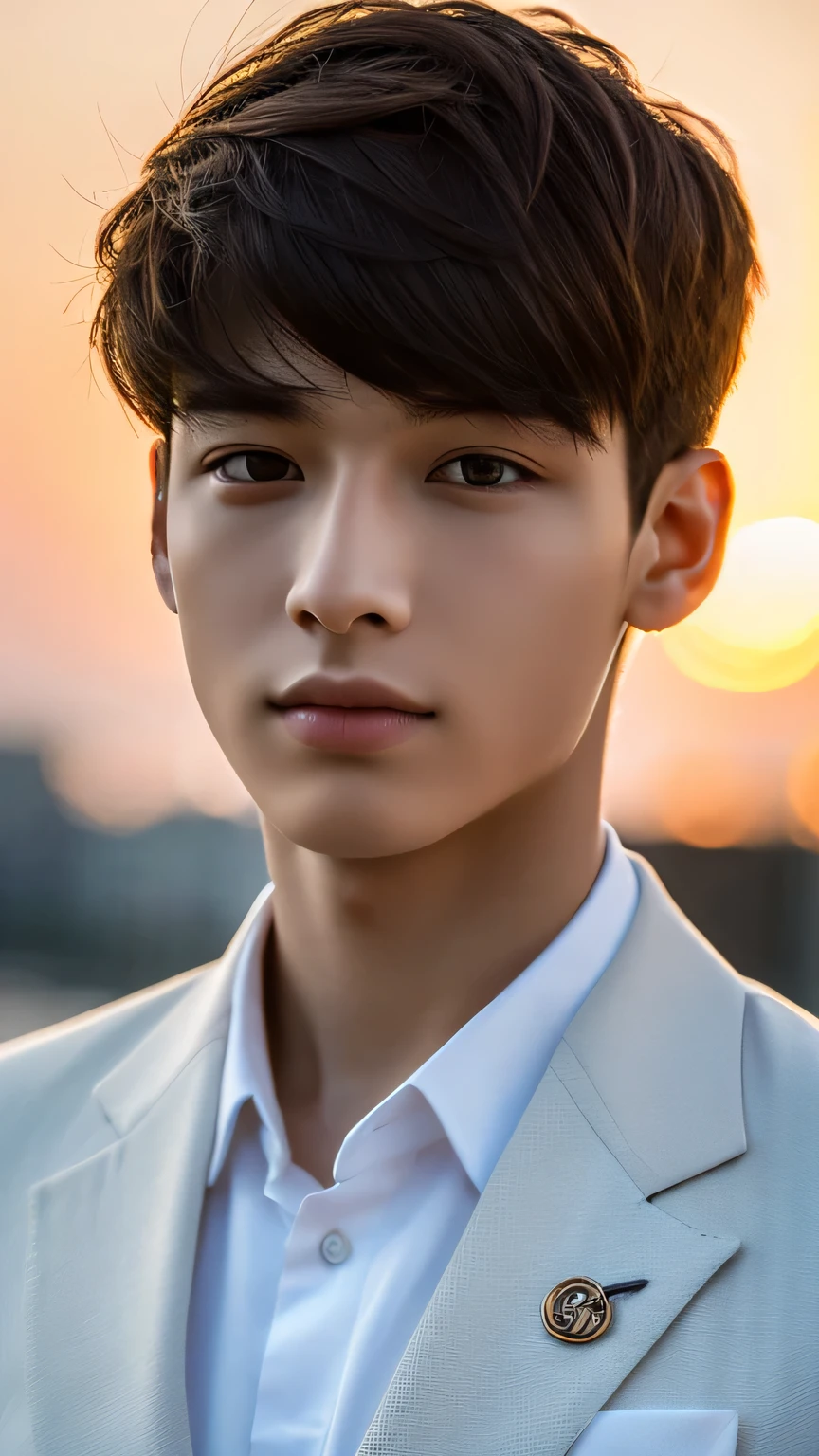 Highest quality, masterpiece, Ultra-high resolution, (Realistic: 1.4), Original photo, wallpaper, Head Photo, skin, Simple Background, Iris, detailed, Selfie, 1 boy, 18-year-old, good looking, Wind,Sunset、suit