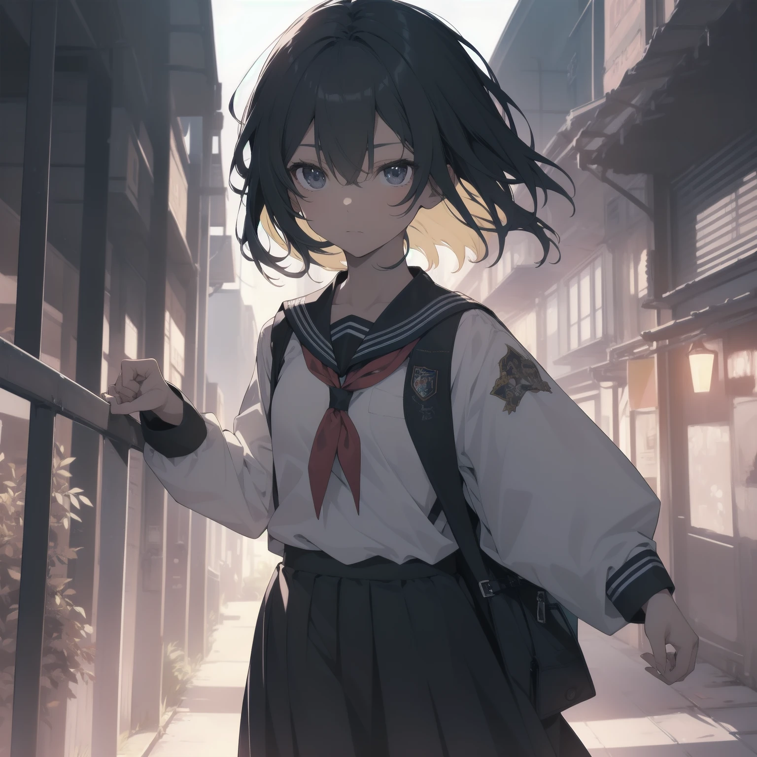 ultra-absurdres-Top quality by artist God, ultra-detailed, high resolution, anime moe artstyle, best anime 8k konachan wallpaper, pixiv contest winner, pool:2810, perfect anatomy,break, 1girl, (Please draw a girl walking sleepily to school alone. )break,(Solo,little female, 13-year-old:1.3),Full limbs, complete fingers,a junior high school student, (very short hair), short cut, flat chest, , small butt, small black eyes, beautiful detailed eyes, well-proportioned iris and pupils, expressive eyes, highres detailed hair, soft expression, salor school_uniform, sailor collar, serahuku, bow, pleated skirt,(Detailed Lighting), (Detailed background), in the School commute route. break,super detailed skin, Best cinematic lighting powered by famous artist, 8k,beauty illustration,photoshop_(medium),very aesthetic,break,((artist:toosaka_asagi )), artist:clamp ,artist:carnelian ,artist:kantoku ,