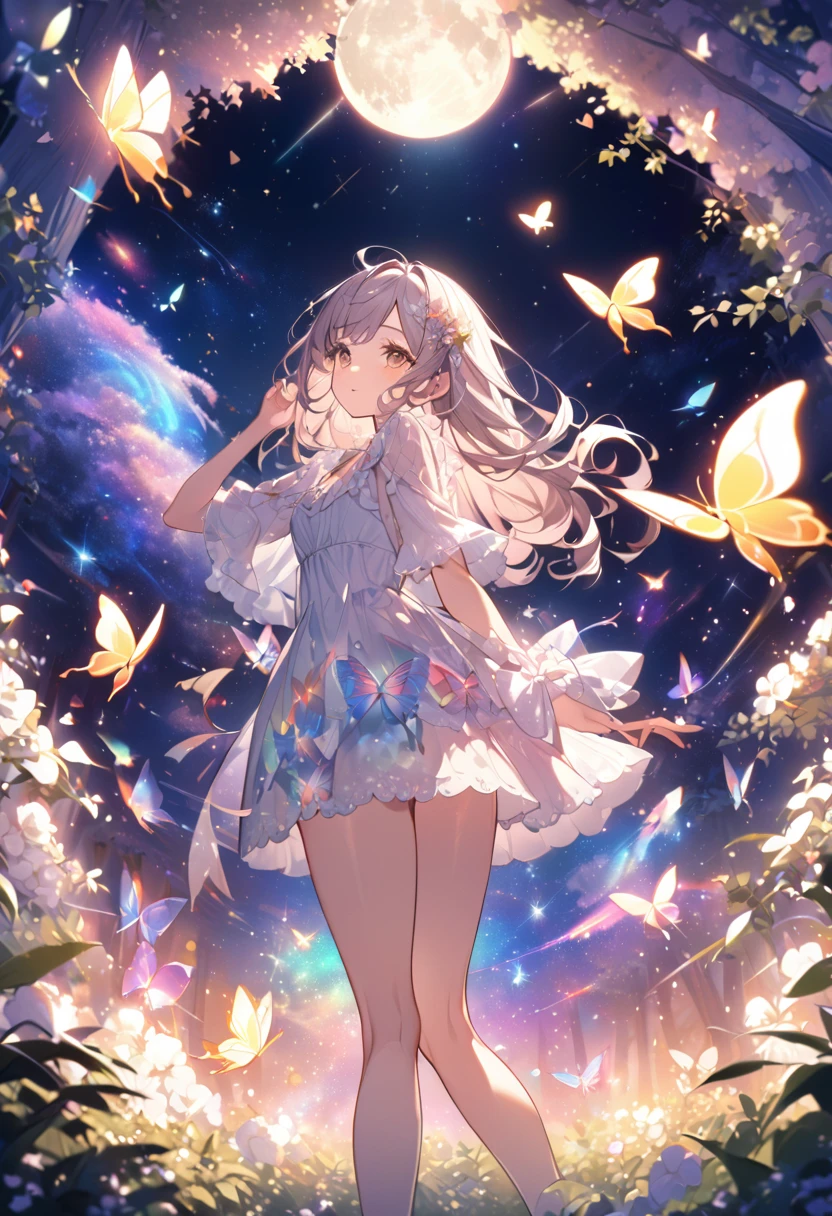 Attention to detail, Super Detail, Ultra-high resolution, A girl having a good time in a dream galaxy, Full moon behind the girl, The warm light that shines on her, In the background is a forest with a starry sky with colorful galaxies and galactic clouds, Colorful butterflies flutter around her, Delicate face, Add a playful and dreamy atmosphere ,