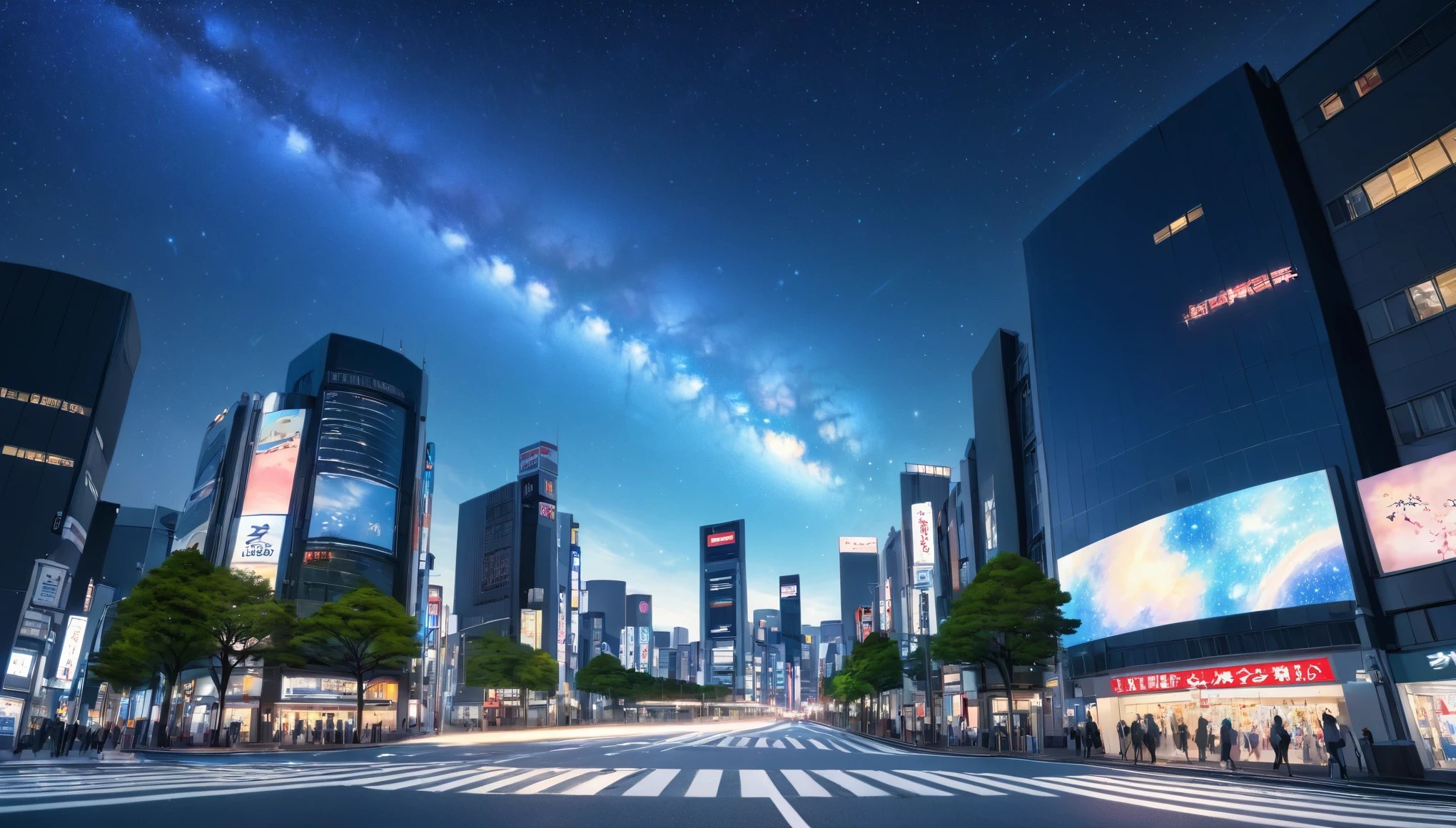 Intersection in Shinjuku,Viewpoint from the road,Starry Sky,milky way,Sparkle effect,Highest quality, 8k, High resolution, masterpiece:1.2, Very detailed, Realistic:1.37, High resolution, 超High resolution, Very detailed, Professional, Vibrant colors