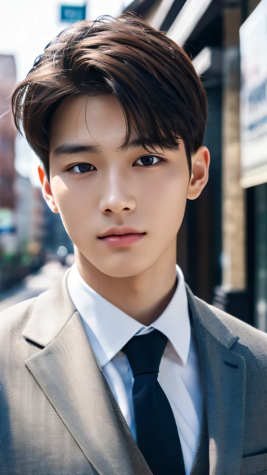 Highest quality, masterpiece, Ultra-high resolution, (Realistic: 1.4), Original photo, wallpaper, Head Photo, skin, Simple Background, Iris, detailed, Selfie, 1 boy, 18-year-old, good looking, Wind,suit、bustling street