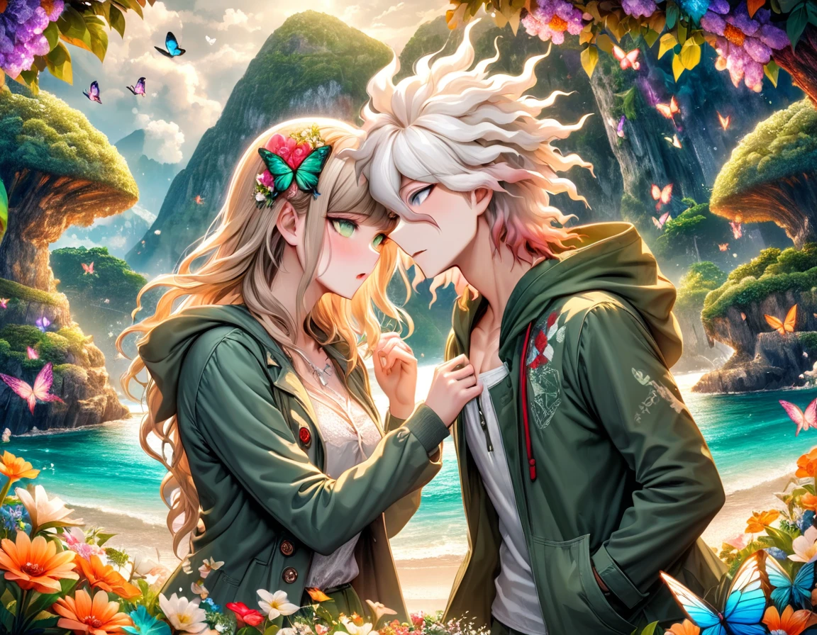 Ultra detailed, HDR, Highres, absurdres, master piece, Aida, ash blonde hair, expressive green eyes, Komaeda Nagito, white hair, expressive green-gray eyes, green coat with hoodie, white shirt, Danganronpa 2, flowers, butterflies, fantasy, magical, green leaves, summer, a beautiful woman together with a handsome man, couple, love, sensual, island