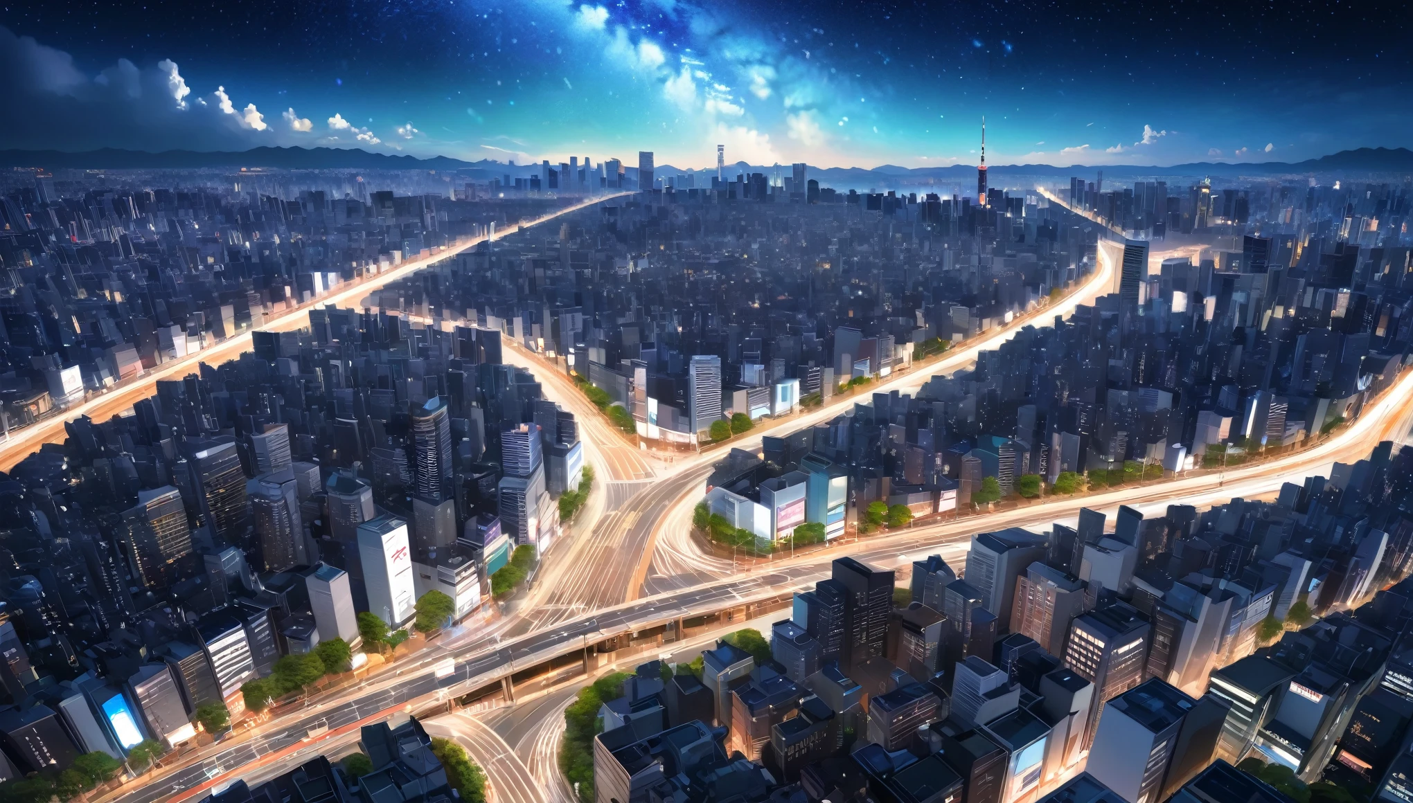 Intersection in Shinjuku,Viewpoint from the road,Starry Sky,milky way,Sparkle effect,Highest quality, 8k, High resolution, masterpiece:1.2, Very detailed, Realistic:1.37, High resolution, 超High resolution, Very detailed, Professional, Vibrant colors