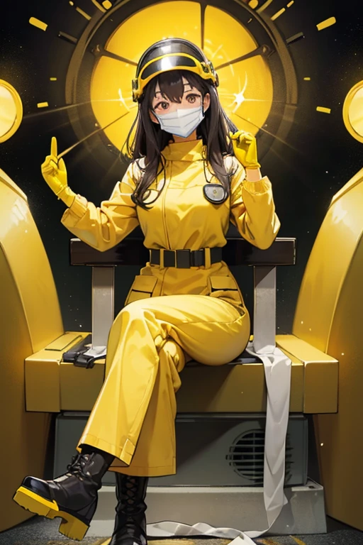 Smiling dark-haired mature woman wearing a yellow radiation protection suit at a nuclear power plant gloves gas mask Full Face Helmets boots visor
