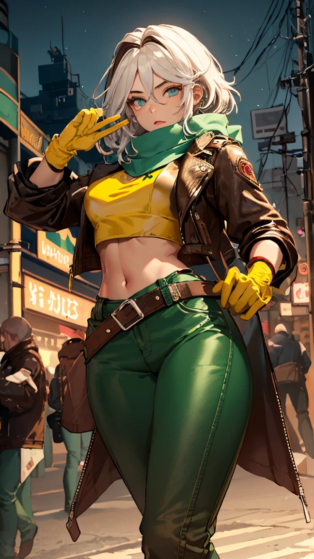 (high quality, masterpiece, detailed), night city detailed scenario, night city detailed background, 20 year old girl, Solitary, Multi-colored hair, White hair, Brown hair, Super hero, rogue, limit, blue eyes, jacket, Open clothes, belt, open jacket, scarf, Shorten the trouser legs, leather, leather jacket, Green pants, yellow colored pants, yellow leather top, green leather top, Crop Top, Umbilical cord, Perfect face, beautiful eyes, Perfect eyes, Looking at the audience, Sexy pose