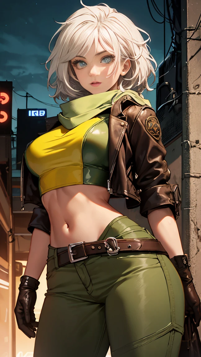 (high quality, masterpiece, detailed), night city detailed scenario, night city detailed background, 20 year old girl, Solitary, Multi-colored hair, White hair, Brown hair, Super hero, rogue, limit, blue eyes, jacket, Open clothes, belt, open jacket, scarf, Shorten the trouser legs, leather, leather jacket, Green pants, yellow colored pants, yellow leather top, green leather top, Crop Top, Umbilical cord, Perfect face, beautiful eyes, Perfect eyes, Looking at the audience, Sexy pose