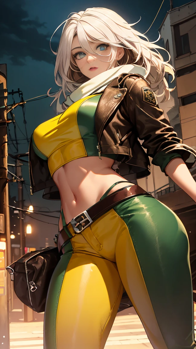 (high quality, masterpiece, detailed), night city detailed scenario, night city detailed background, 20 year old girl, Solitary, Multi-colored hair, White hair, Brown hair, Super hero, rogue, limit, blue eyes, jacket, Open clothes, belt, open jacket, scarf, Shorten the trouser legs, leather, leather jacket, Green pants, yellow colored pants, yellow leather top, green leather top, Crop Top, Umbilical cord, Perfect face, beautiful eyes, Perfect eyes, Looking at the audience, Sexy pose