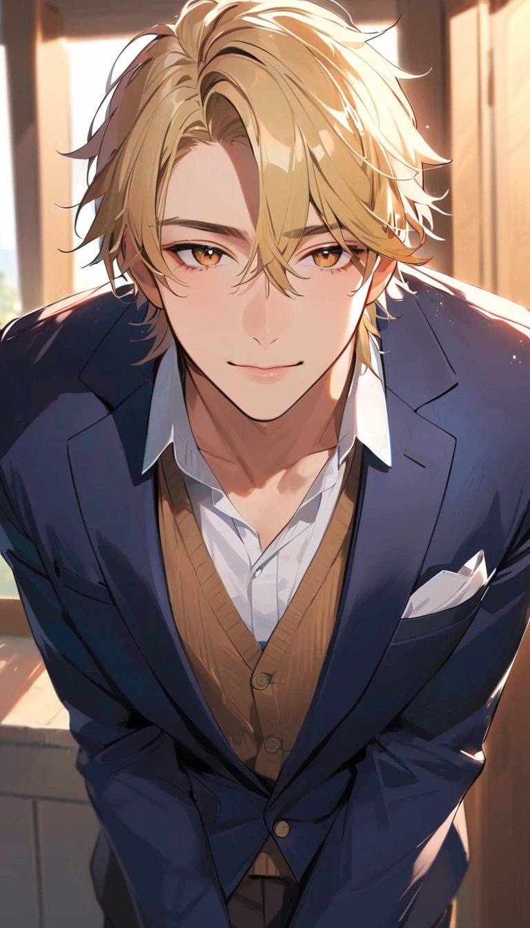 18 years old, a handsome man, Blonde, unkempt hair, blazer, high school student, Wearing out