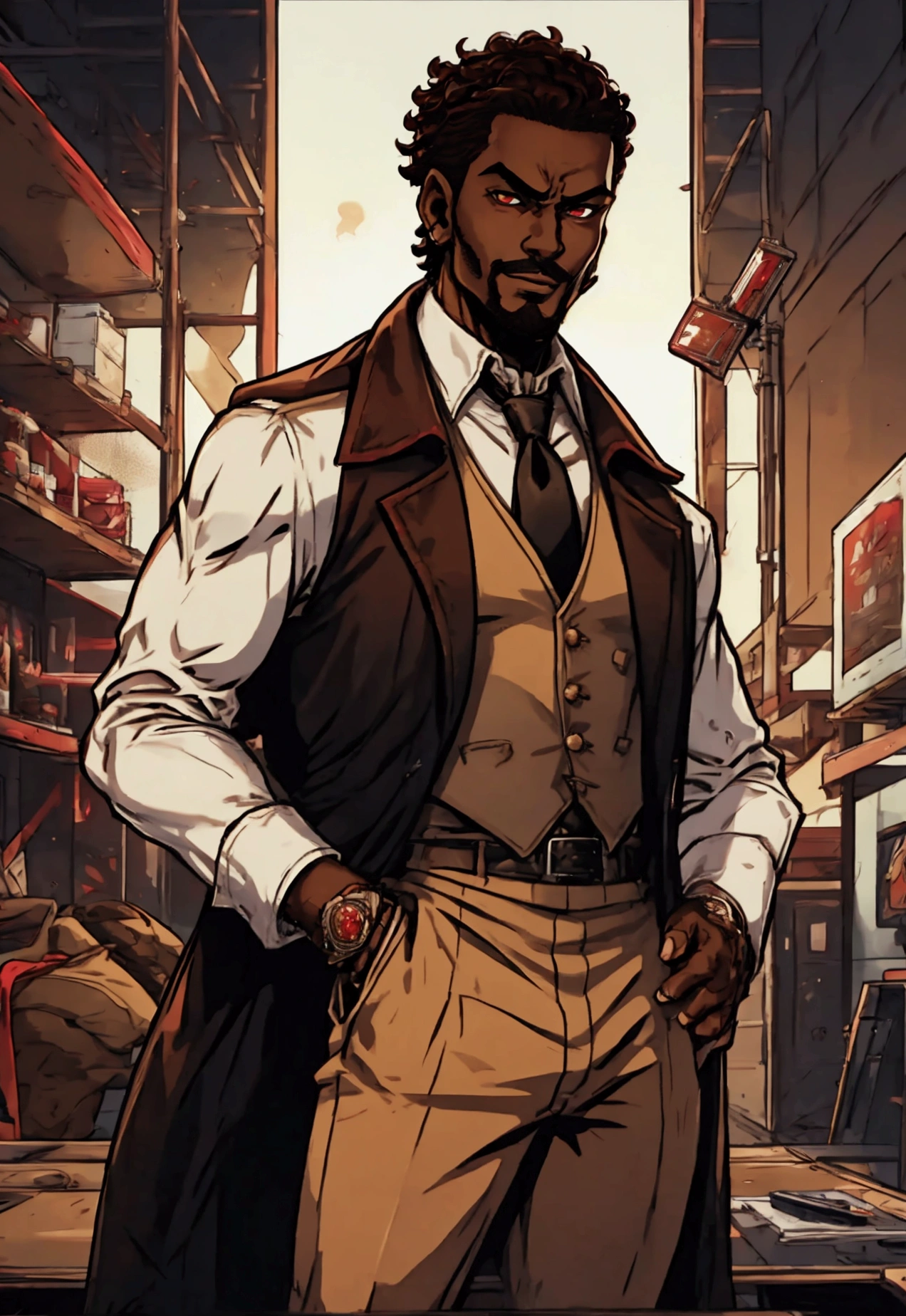 anime dark skin gambler with red eyes holding a card in his left hand. He wears phantom theif style clothing such as fancy trenchcoat, beige shirt with black tie underneath an red vest, smug expression, smirking (((brown:1.3, red:1.3,black:1.2, white:1.2))), short curly afro hair, faded haircut, small goatee