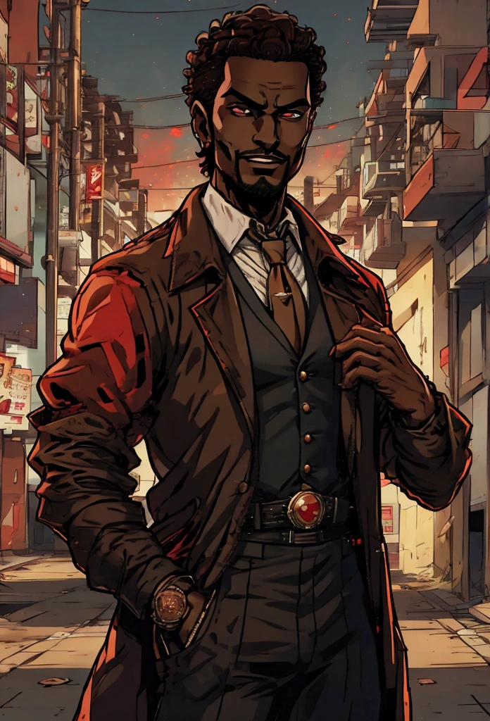 anime dark skin gambler with red eyes holding a card in his left hand. He wears phantom theif style clothing such as fancy trenchcoat, beige shirt with black tie underneath an red vest, smug expression, smirking (((brown:1.3, red:1.3,black:1.2, white:1.2))), short curly afro hair, faded haircut, small goatee