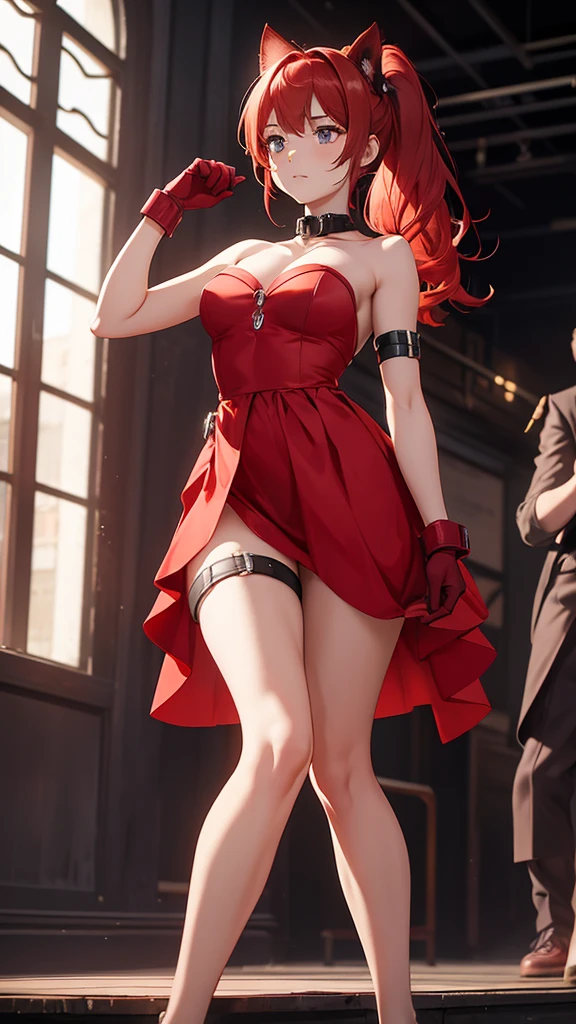 A girl with red cat ears, red hair, ponytail, she is wearing a red strapless dress that leaves her thighs and legs and feet exposed, full body, she has her arms half open, her wrists are handcuffed and chained by a metal chain that connects to a steel collar that is around her neck, in a high-class ballroom, there are men in suits in the background and an audience in the background, she is wearing red gloves that go from her hands to half of her arms, she is worried, anxious, barefoot