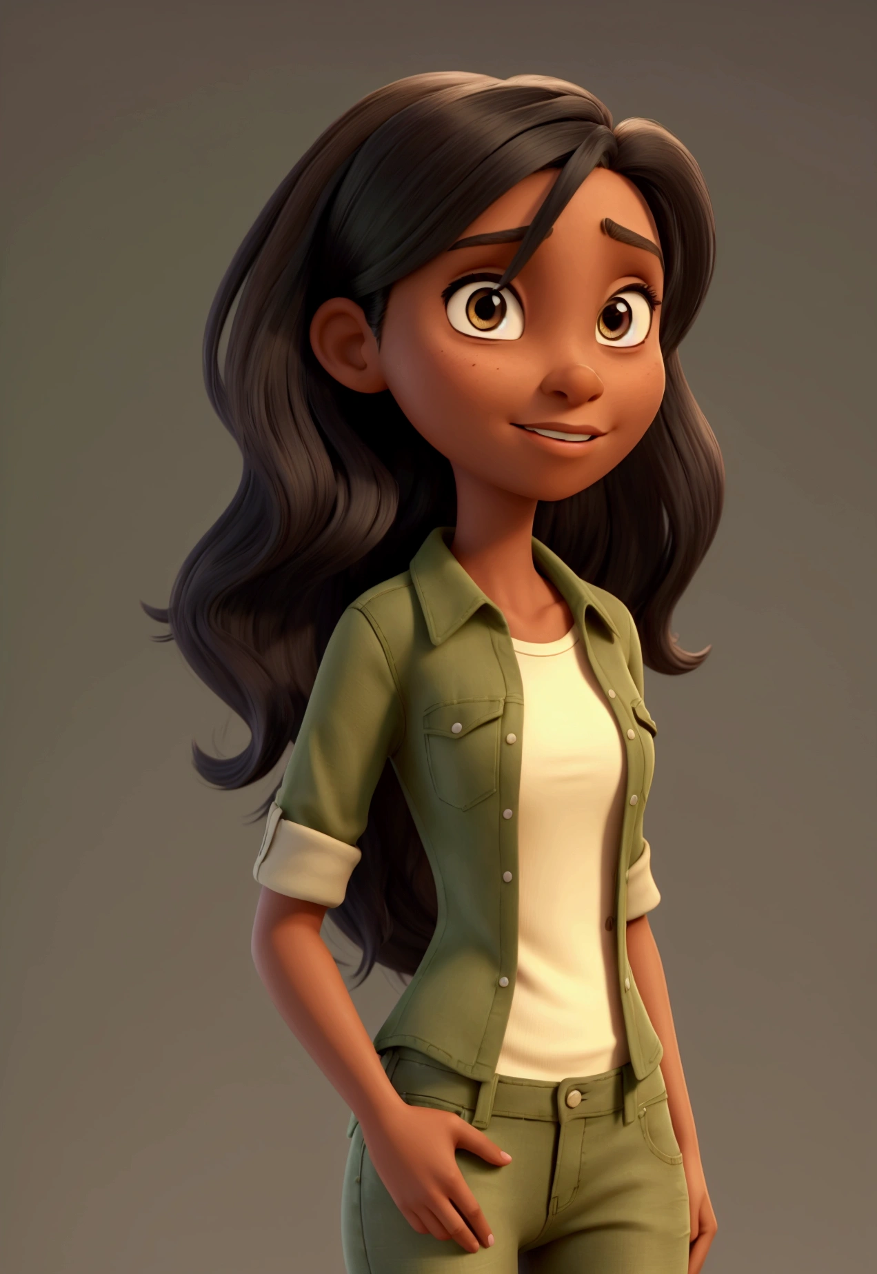 adult woman, long straight black hair, brown skin, thin, jeans, green shirt, pixar style