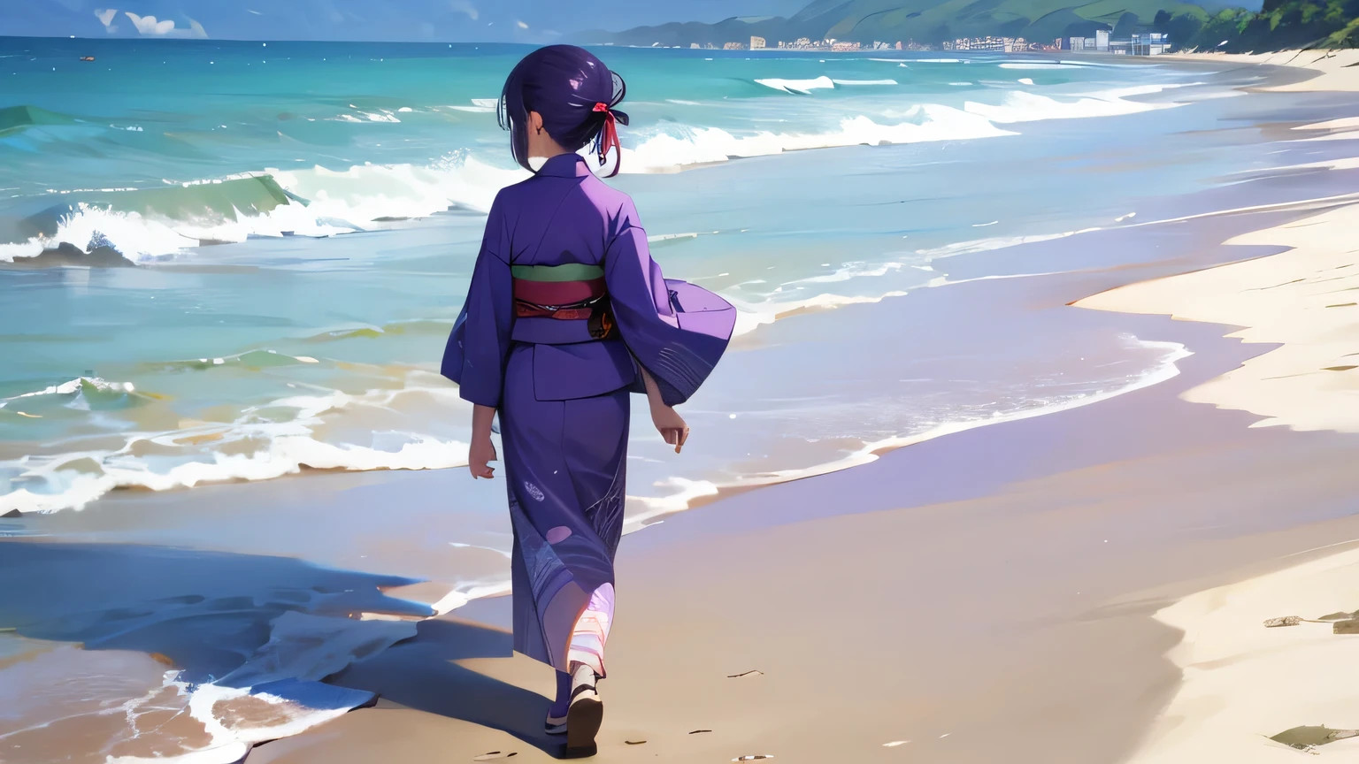 summer, walk along the beach, kimono, purple hair, japanese girl, back view