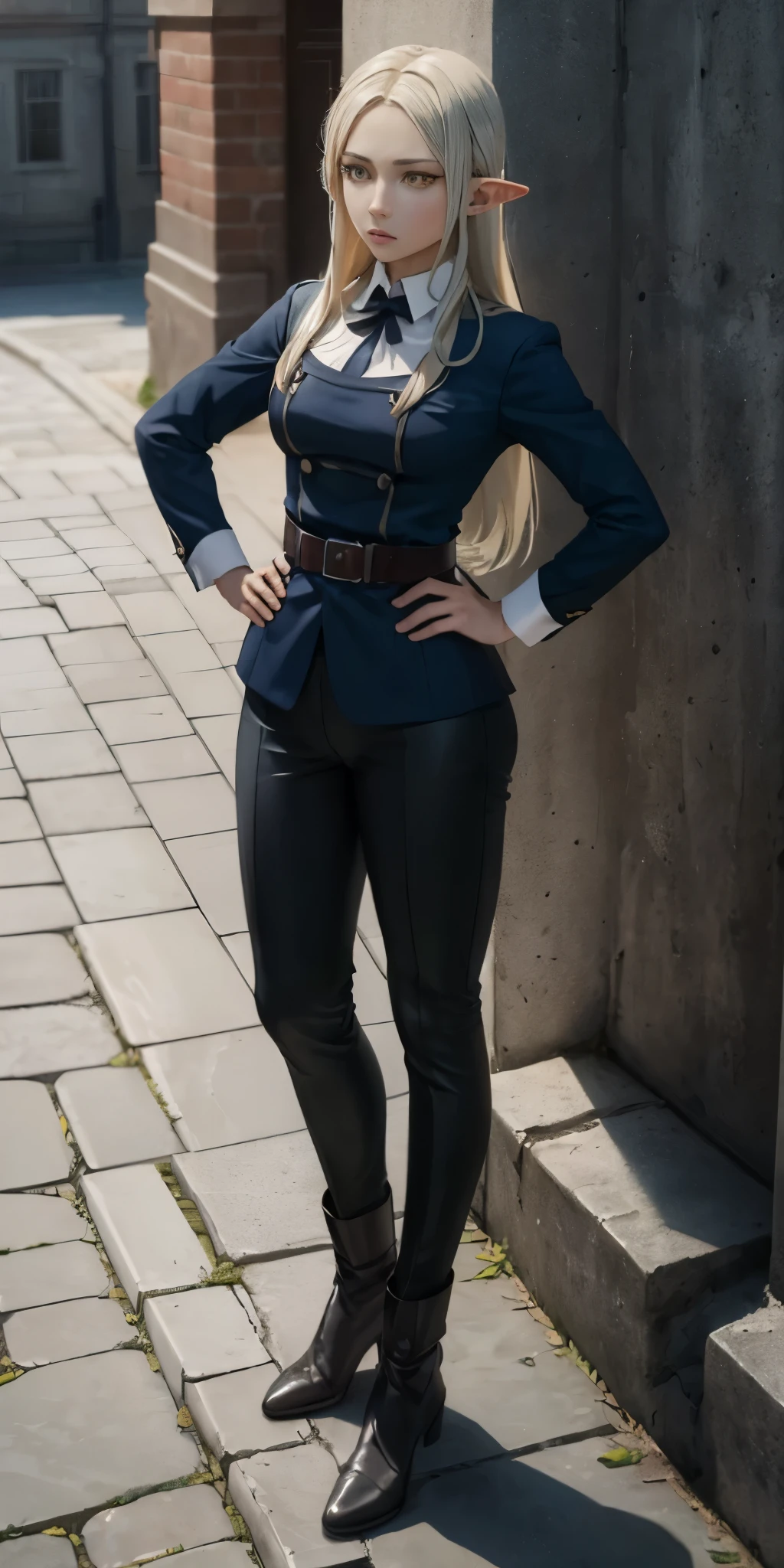 masterpiece, best quality, high quality, Erwin, elf, long hair, white hair, yellow eyes (1solofemale full body standing straight symmetrical, hands on hips)