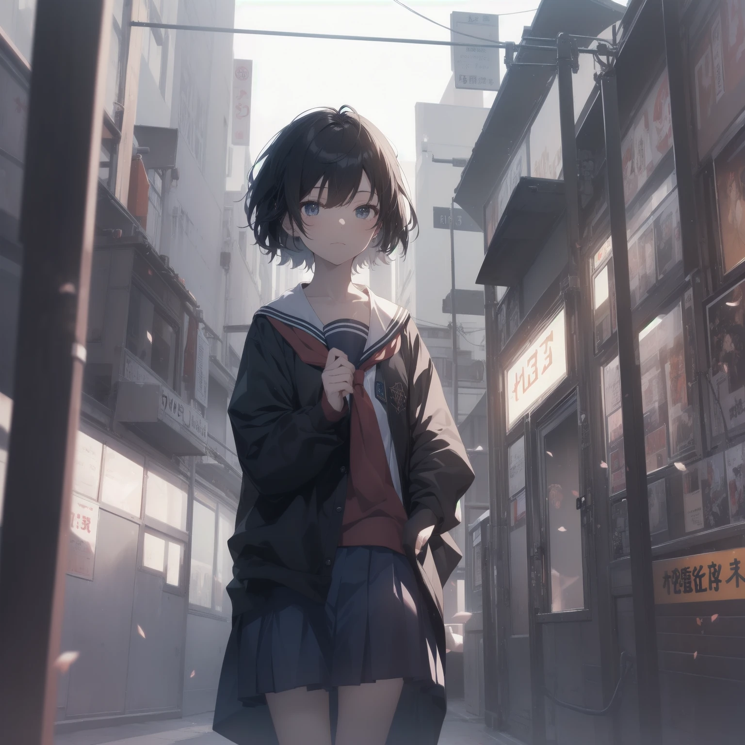 ultra-absurdres-Top quality by artist God, ultra-detailed, high resolution, anime moe artstyle, best anime 8k konachan wallpaper, pixiv contest winner, pool:2810, perfect anatomy,break, 1girl, (Please draw a girl walking sleepily to school alone. )break,(Solo,little female, 13-year-old:1.3),Full limbs, complete fingers,a junior high school student, (very short hair), short cut, flat chest, , small butt, small black eyes, beautiful detailed eyes, well-proportioned iris and pupils, expressive eyes, highres detailed hair, soft expression, salor school_uniform, sailor collar, serahuku, bow, pleated skirt,(Detailed Lighting), (Detailed background), in the School commute route. break,super detailed skin, Best cinematic lighting powered by famous artist, 8k,beauty illustration,photoshop_(medium),very aesthetic,break,((artist:anti_(untea9) )), artist:clamp ,artist:carnelian ,artist:kantoku ,