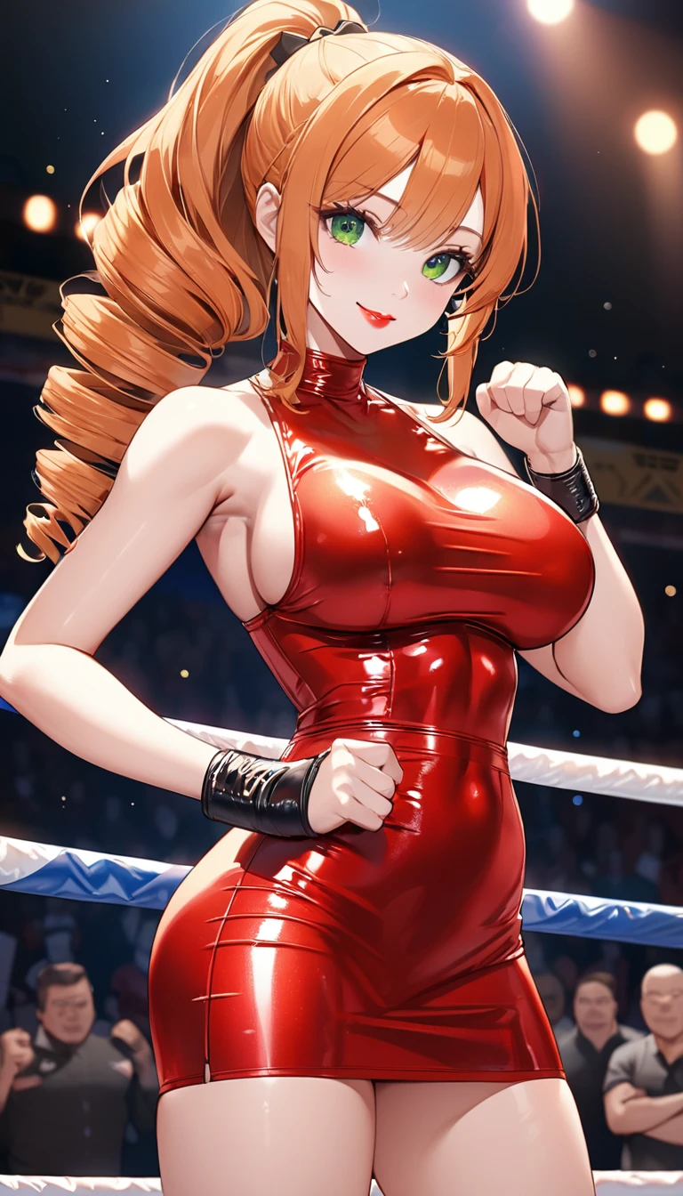 (((1 girl in red holding a large sign high in the ring at a boxing event with both hands))), 1girl, skirt, 独奏, smile, (Highest quality,4K,8k,High resolution,masterpiece:1.2),Very detailed,32-year-old woman、(((Mature Woman))), (((Mature Woman))), Best Bust、Large Breasts, Beautiful Eyes、Orange Hair、Moss green eyes、Red lips, ((ponytail)), (Drill Hair), ((amount)), Very cute face, Glossy Lips, Double eyelids on both eyes,Natural smile、Tight waist、Sexy ass、Natural Makeup, Long eyelashes, Shiny and smooth hair、whole body、Shallow depth of field