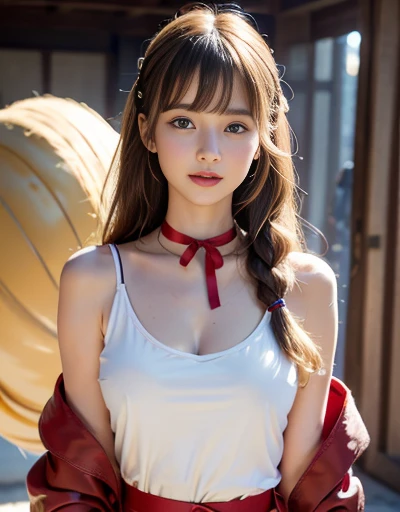 (((Very heavy chest))),Browsing Caution, 16k raw photos, Highest quality, masterpiece, Ultra-high resolution, ((A revealing white tank top)).movie, 1 girl,((Attractive look)),Eyes sparkling、break,navy_Hierarchical_length_skirt,casual,black_Striped_Legwear,(fromかい_smile:1.2),(blouse:1.3),loafers,from_On top of that,(Jacquard_length_coat:1.2),(in spring:1.1),(blunt bangs:1.3), Looking at the audience, 自然な肌の質感Very heavy chest))),((( Metallic red ribbon around neck))).Star Handle、((Yellow Eyes)),Realistic eye and facial details, Lip, Lipstick Makeup), length straight hairの髪, Laughter, 美feet, Tall Woman, ((Glowing Skin)),((美しいUnderarm)), slim_feet, Huge breasts, Cleavage、(Detailed Background,Highly revealing, Huge breasts, Blurred Background,, JK ribbon around the neck, bracelet, water, bangs, Split Lip、Underarm、Beautiful hip line、Glowing Skin、(((Eyes sparkling brightly))),Lotion Skin、High Leg、((blonde)),Highly revealing、Beautiful floral photo studio background、Wind effects、Fine lace veil、((Tiny tank top)),Open your thighs,length straight hair、braid one's hair、Professional Lighting、