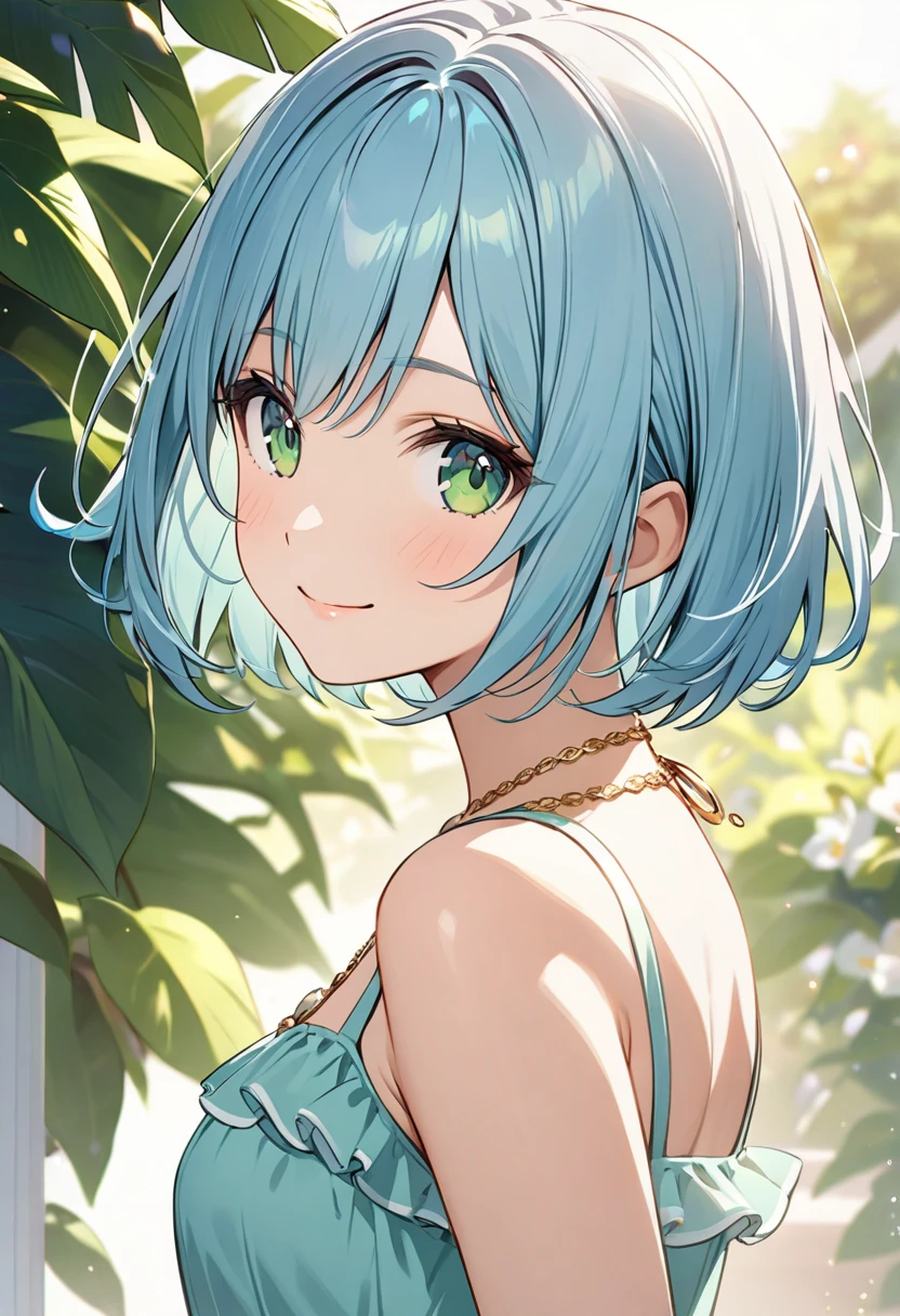 Highest quality、Light blue hair、Short Bob、Deep green eyes、Small breasts,25 years old,Cute summer dresses、Gold Necklace、Smiling and looking to the side、upper body