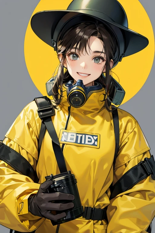Smiling dark-haired mature woman wearing a yellow radiation protection suit at a nuclear power plant gloves gas mask boots visor