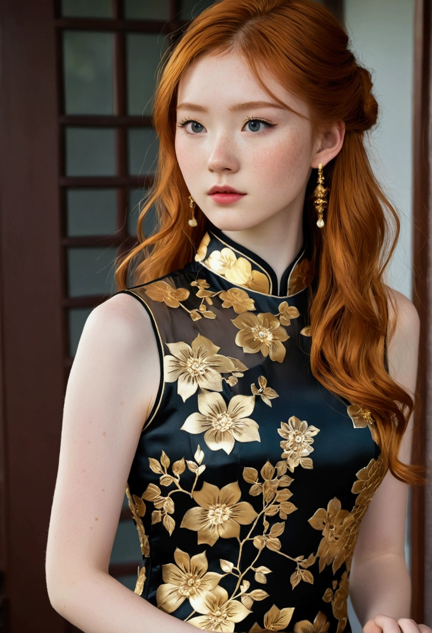 messy long flowing ginger hair, ( gold|black translucent:1.4 cheongsam:1.331), asian redhead ginger girl (18 years old), (freckles, pale skin), defined jawline, smaller head, blue eyes, gorgeous and seductive