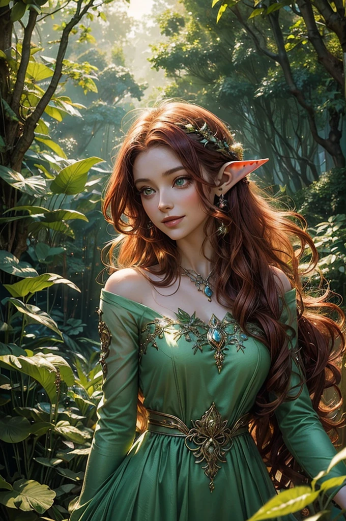 (A charming elf woman with piercing green eyes, flowing red curly hair, and a bright smile) (Lush, bright colors, Detailed Background, fantasy setting, Dreamy lights and bright sunshine) [oil painting, fantasy art,illustration] (best quality, 4K,High resolution,Photo-realistic) (Mysterious forest with towering trees, vibrant flowers, and magical creatures)(soft, Ethereal lights cast dappled shadows) [Mossy stone road, Gentle breeze，Rustling leaves, sparkling fairy dust] (Elf woman wearing elegant green dress，It is decorated with intricate forest patterns, shining with charming light) (Delicate flowers are woven into her hair, sparkling with dew) (Calm expression, elegant posture, Surrounded by an aura of graceful power and wisdom) [An ancient spell book lay open beside her, hinting at her mystical abilities] (Sunlight filtering through dense leaves, Create a warm and welcoming atmosphere)