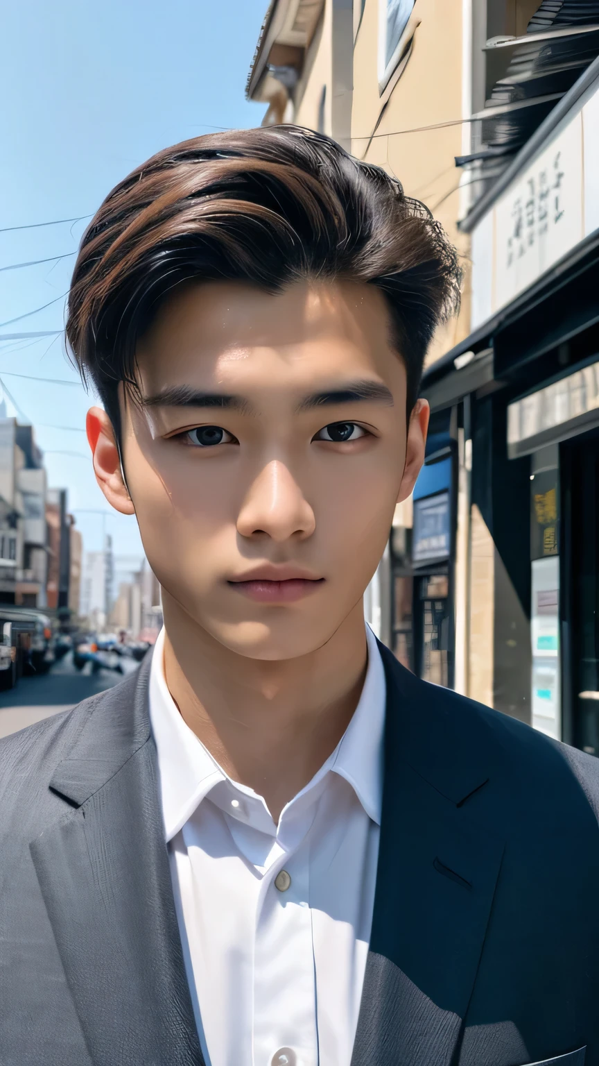 Highest quality, masterpiece, Ultra-high resolution, (Realistic: 1.4), Original photo, wallpaper, Head Photo, skin, Simple Background, Iris, detailed, Selfie, 1 boy, 18-year-old, good looking, Wind,suit、bustling street