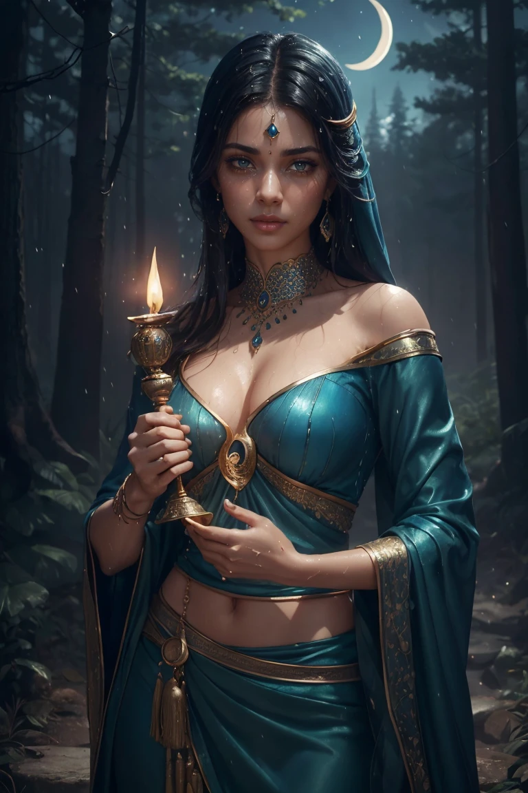 ((Yasmin, woman with blue persian clothes holding a magic lamp, sad face, crying, tears dropping, wet clothes,  in a beach, eyes and body facing the camera )) hair with many details, 8k artgerm bokeh, fanart best artstation, render photorealistic, guweiz-style art, inspired by WLOP, ig model | artgerm, detailed waist up portrait, stunning wait up portrait of realistic face, beautiful waist up portrait, deviantart artstation cgscosiety, cinematic realistic portrait, high quality portrait, elegant digital painting, photorealistic artstyle, ((night sky in the woods with crescent moon background)) 